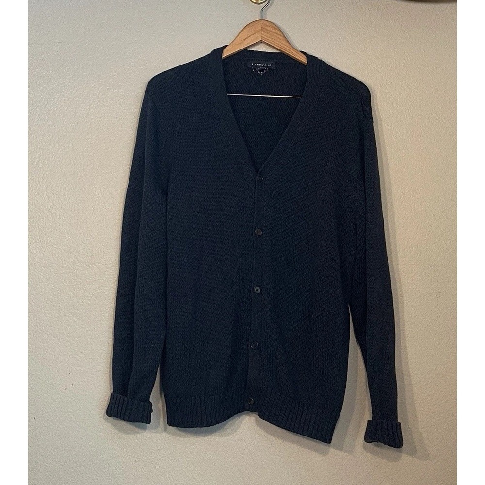 Lands End Mens Sweater V Neck Button Up Cardigan Navy Large 42-44 100% Cotton